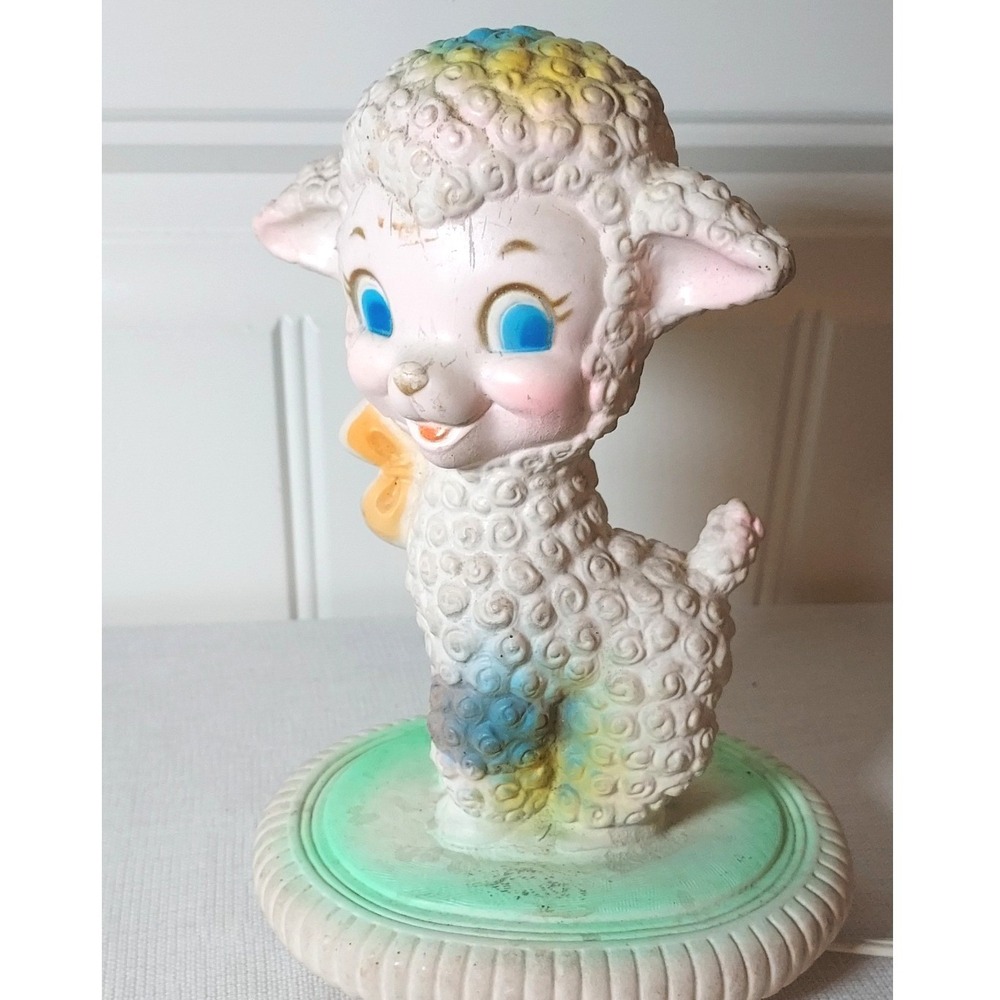 Vintage Lamb Nursery Night Light Kids White Pink Blue Kitsch Rubber Lamp